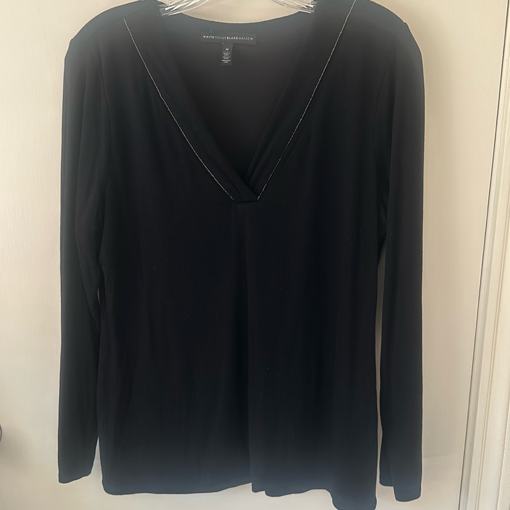 White House Black Market- long sleeve black knit top, beaded neckline, Size M